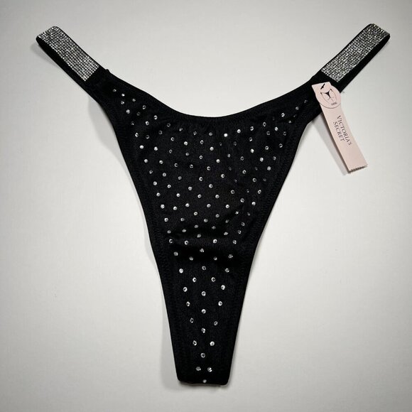 Victoria Secret Large L Thong String Bikini Bottom All Over Shine Strap Black - Picture 2 of 5
